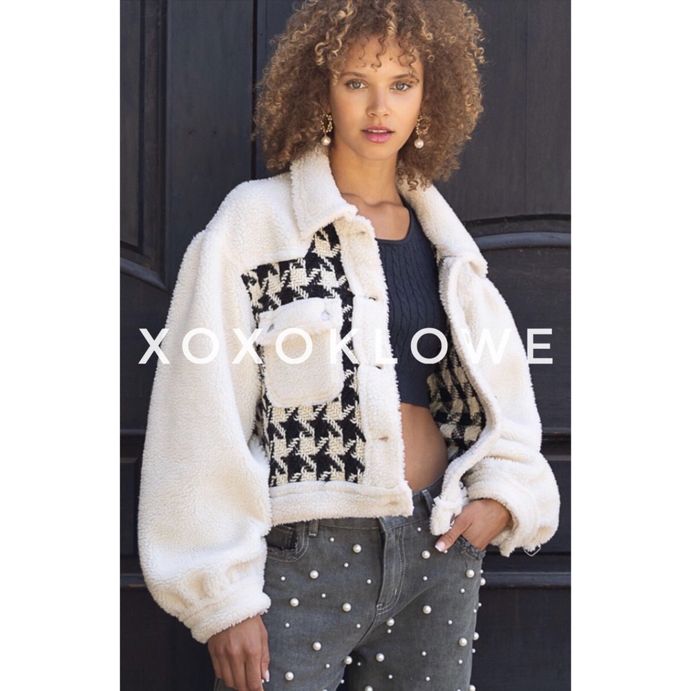 POL Ivory Teddy Coat | Houndstooth Sherpa Jacket Oversized Cropped Fit - Picture 8 of 10
